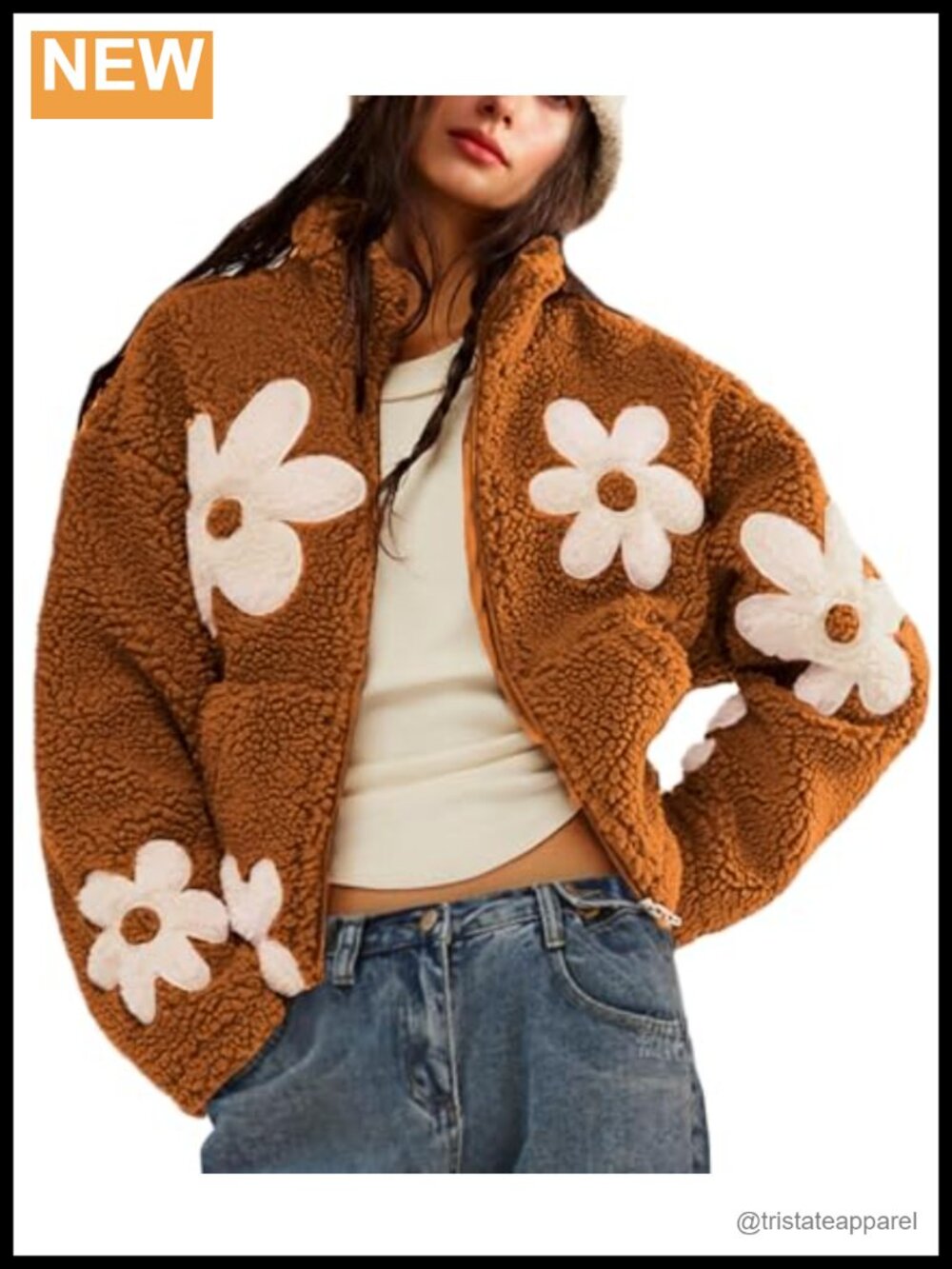 Womens Floral Sherpa Fleece Jacket Fuzzy Teddy Cropped Coat